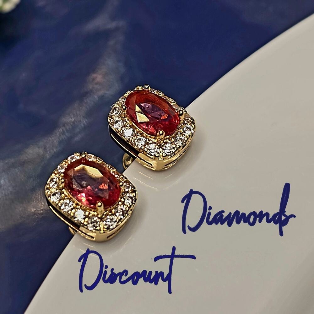 Red & White Baguette Diamond Earrings 14K Gold on 925 Silver